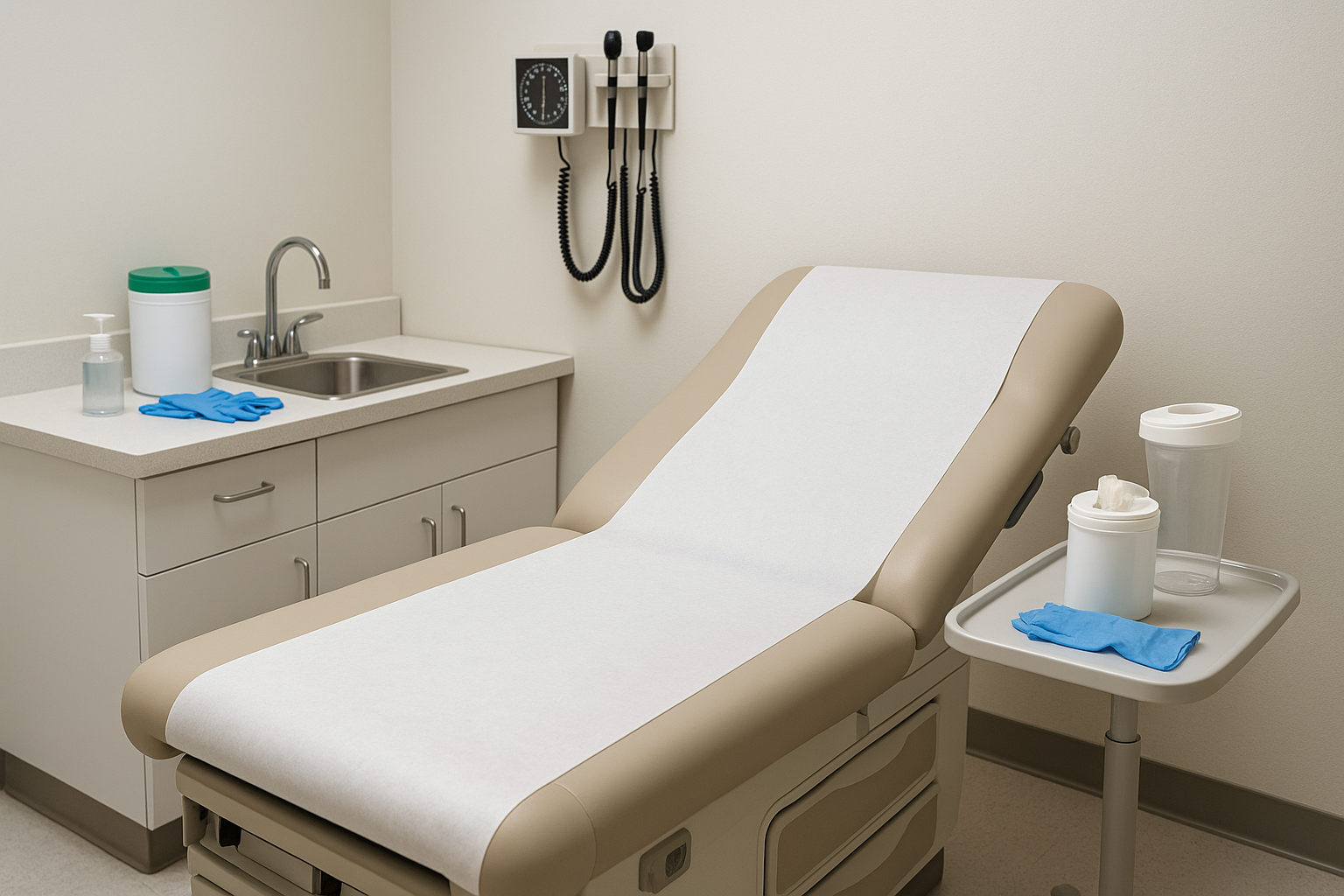 Medical exam room with exam table, disinfectant wipes, gloves and surface protection